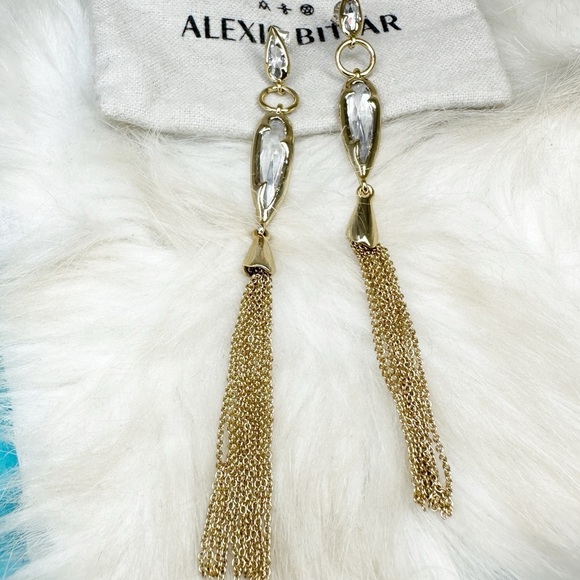 Alexis Bittar Gold Crystal Long Tassel Earrings Post Gold Plate NWOT 4 1/2" - Picture 6 of 10